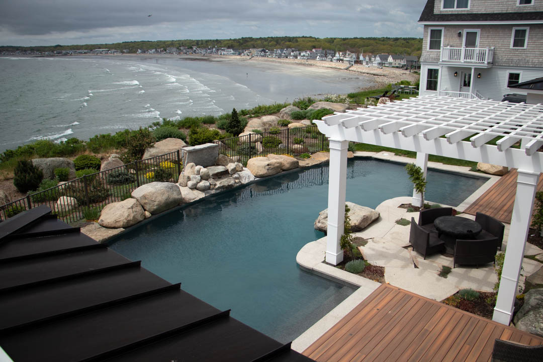 York, Maine oceanfront double mansion by Don Madore custom home design and construction. Saltwater pool.